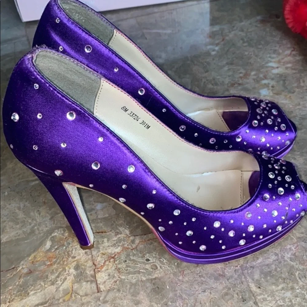 Touch Ups Purple Satin Heels with Rhinestone Accents